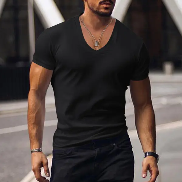 Mens Solid Color Classic V-neck Basic Tee - Ootdyouth.com 