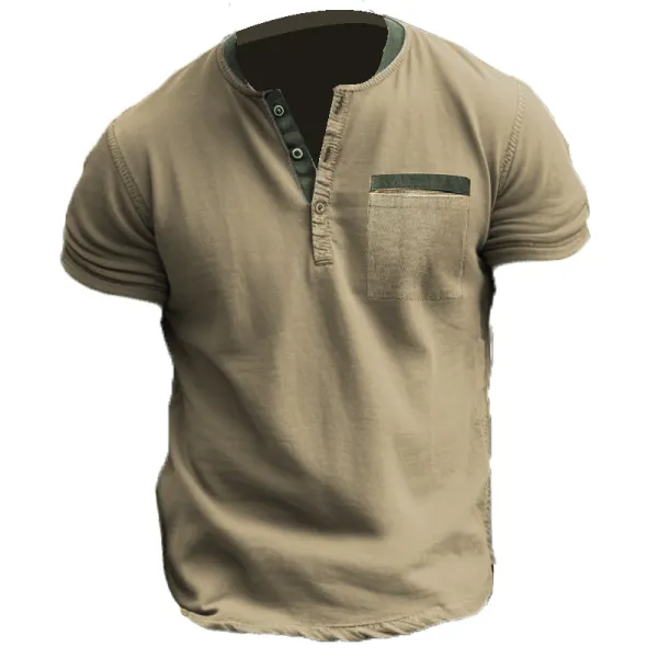 Men's Outdoor Retro Solid Color Stitching Pocket Henley Collar T-Shirt Only IDR396,741 - Wayrates.com 