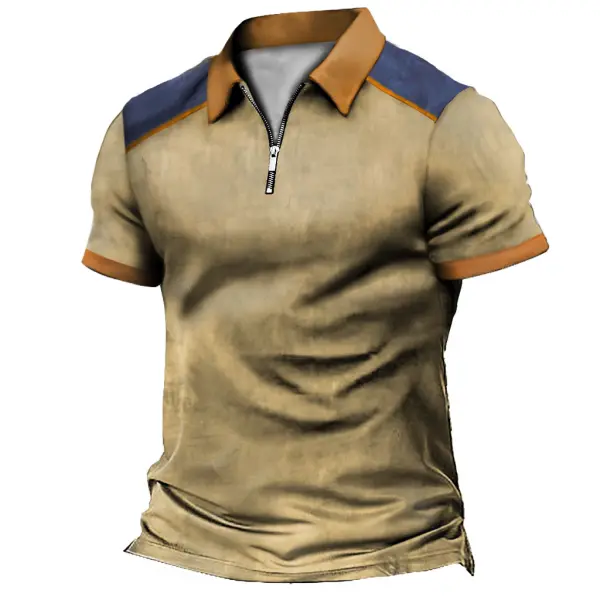 Men's Vintage Color Block Tactical Zip Polo T-Shirt - Elementnice.com 