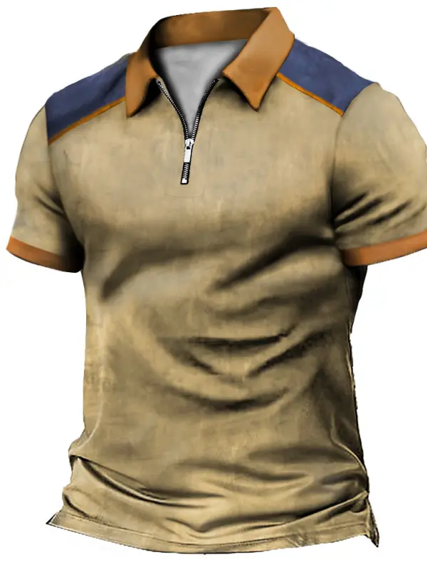 Men's Vintage Color Block Tactical Zip Polo T-Shirt - Menwyx.com 