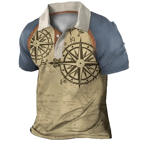 Plus Size Men's Vintage World Map Compass Colorblock Polo T-Shirt - Cotosen.com 