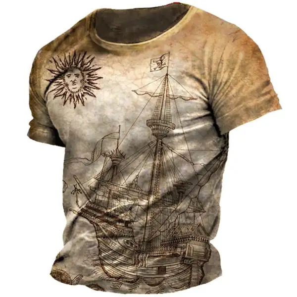 Men's Vintage Nautical Pirate Sailing Sun Print Short Sleeve T-Shirt - Wayrates.com 