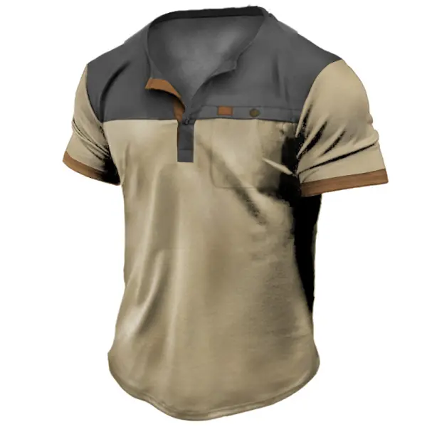 Plus Size Men's Outdoor Vintage Tactical Color Matching Pocket Henley T-Shirt - Elementnice.com 