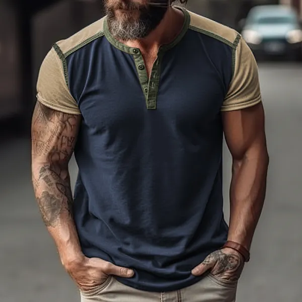 Camiseta De Cuello Henley Con Costuras De Color Sólido Retro Para Hombre Al Aire Libre - Dozenlive.com 