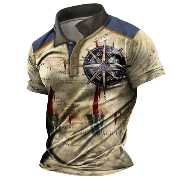 Men's Vintage Nautical Map Compass Print Polo Short Sleeve T-Shirt Only $25.89 - Wayrates.com 