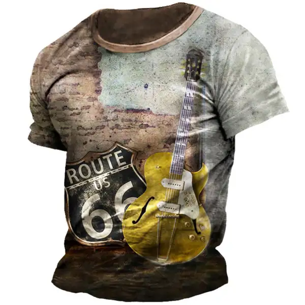 Men's Vintage Route 66 Guitar Print Short Sleeve T-Shirt Only $19.89 - Wayrates.com 