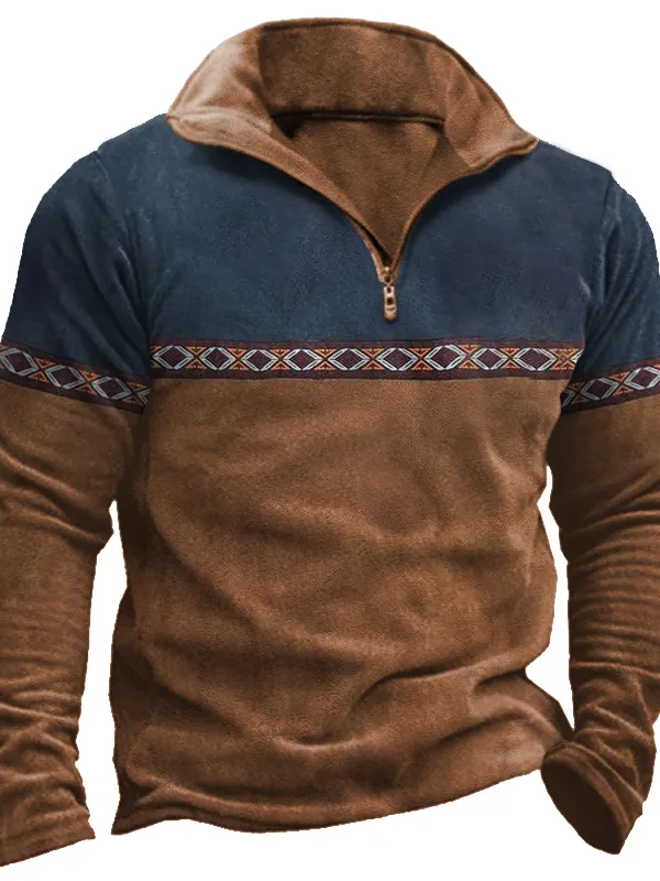 Men's Aztec Colorblock Quarter Zip Fleece Sweatshirt 