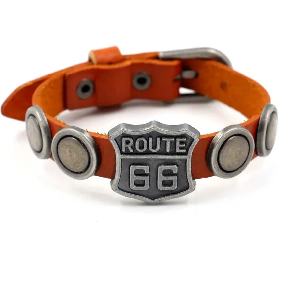 Vintage Route 66 Cowhide Punk Stud Leather Bracelet - Manlyhost.com 