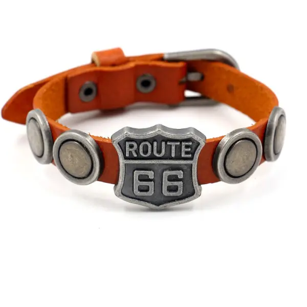 Vintage Route 66 Cowhide Punk Stud Leather Bracelet - Rabclub.com 