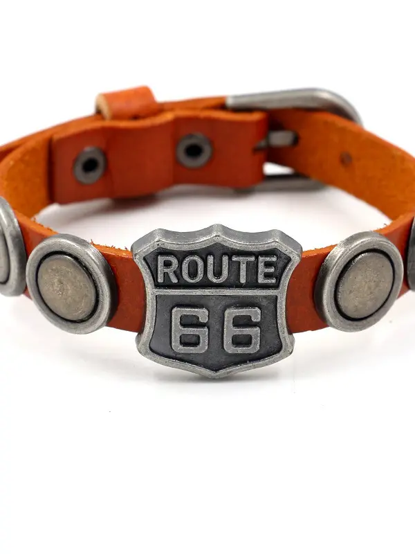 Vintage Route 66 Cowhide Punk Stud Leather Bracelet - Menbarn.com 