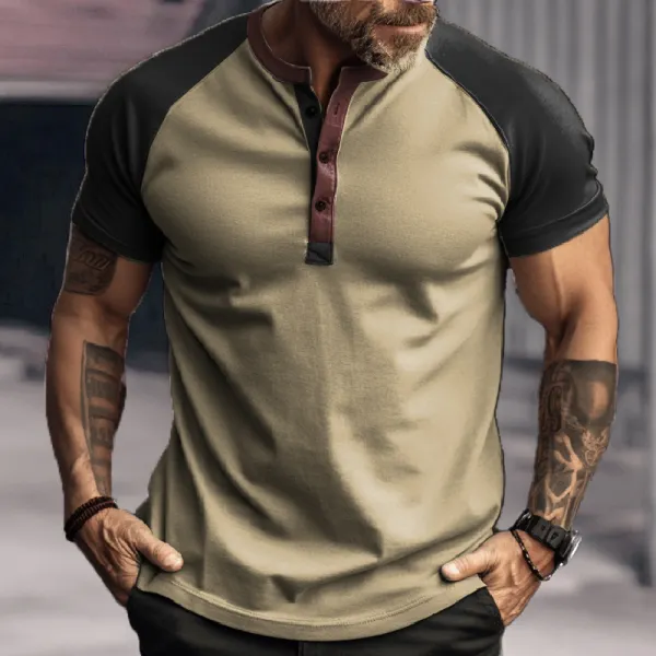 Men's Outdoor Retro Solid Color Stitching Henley Collar T-Shirt Only $25.89 - Wayrates.com 