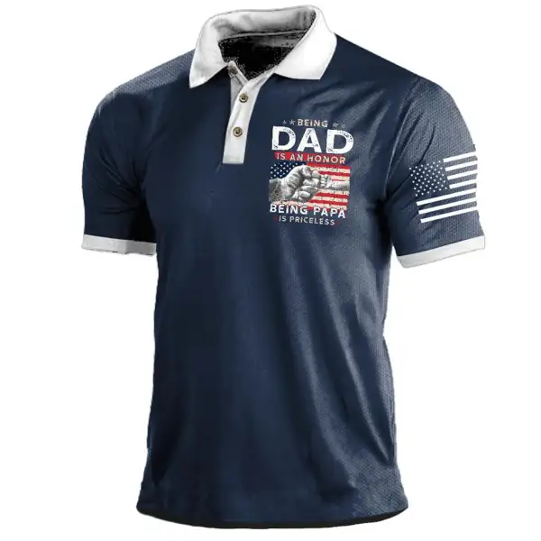 Men's Vintage American Flag Being Dad Is An Honor Being Papa Print Polo Short Sleeve T-Shirt - Elementnice.com 