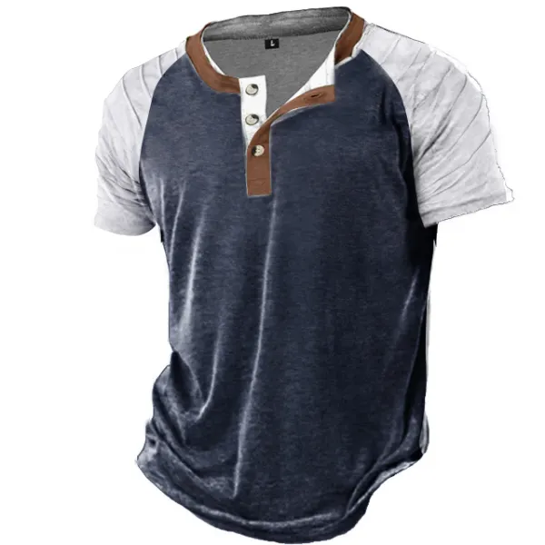 Men's Outdoor Pleated Raglan Sleeves Henley Stand Collar T-Shirt - Cotosen.com