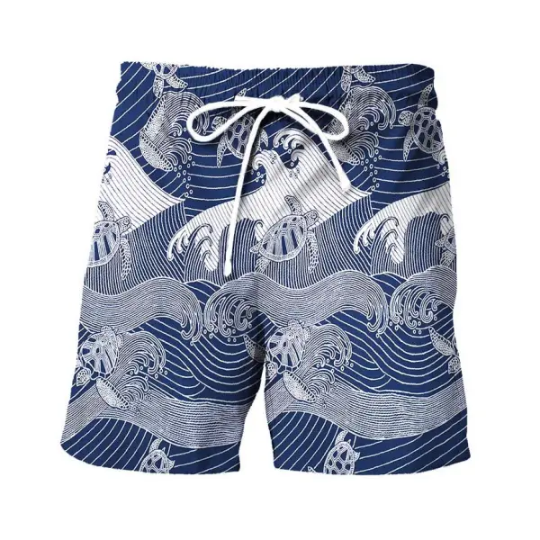 Men's Hawaiian Sea Turtle Wave Print Drawstring Shorts - Kalesafe.com 