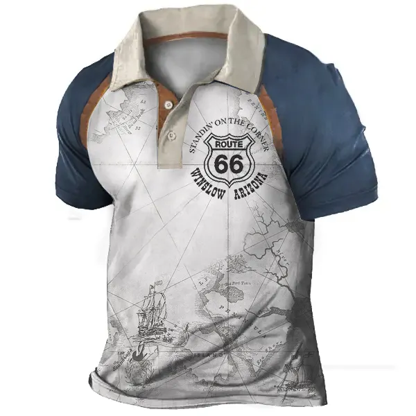Men's Vintage Route 66 Map Polo Collar T-Shirt - Cotosen.com