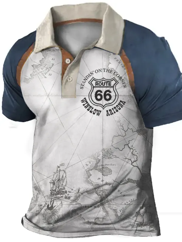 Men's Vintage Route 66 Map Polo Collar T-Shirt - Menbarn.com 