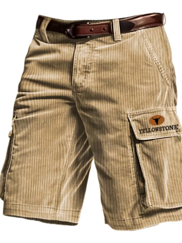 Men's Outdoor Vintage Yellowstone Print Corduroy Multi Pocket Shorts - Menwyx.com 