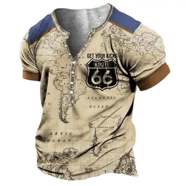 Men's Vintage Nautical Map Route 66 Henley T-Shirt - Elementnice.com 