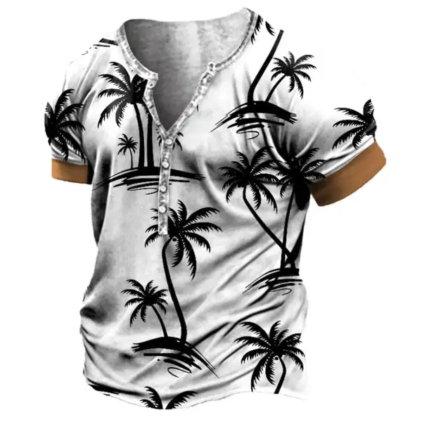 Plus Size Men's Hawaiian Coconut Tree Print Henley T-Shirt - Kalesafe.com 