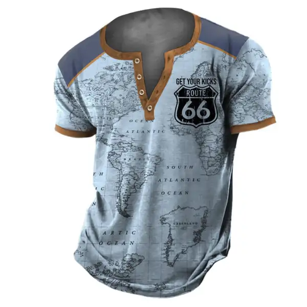 Men's Vintage World Map Route 66 Colorblock Henley T-Shirt Only $21.99 - Cotosen.com 
