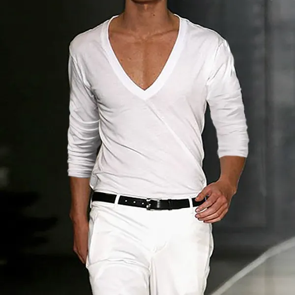 Men's Basic White Deep V-Neck Cotton Long Sleeve T-Shirt Only $17.99 - Cotosen.com 