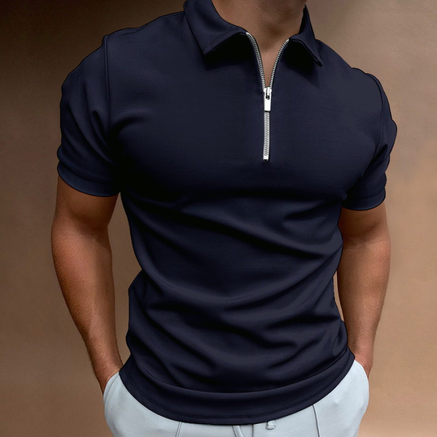 

Men's Shirt Casual Polo Golf Quarter Zip Short Sleeve Plain Classic Summer Regular Fit Black White Zip Polo