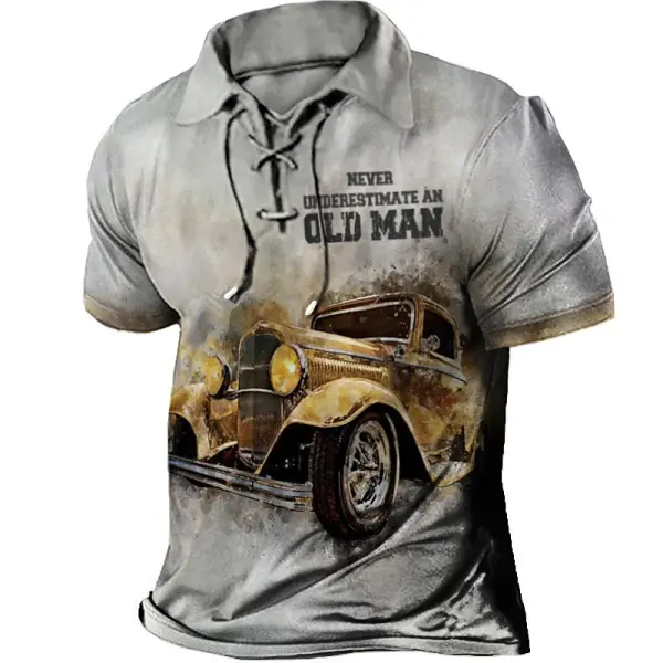 Men's T-Shirt Lapel Short Sleeve Jeep Old Man Vintage Lace-Up Summer Daily Tops Gray - Cotosen.com