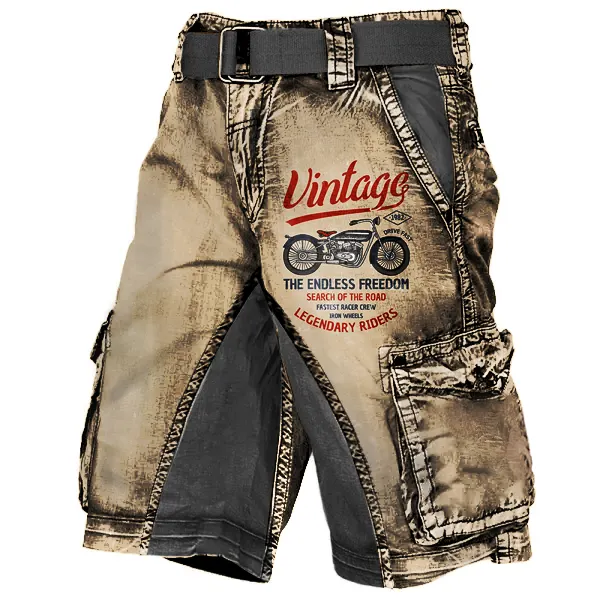 Men's Plus Size Vintage Motorcycle Racing Distressed Wash Print Multi-Pocket Tactical Shorts - Cotosen.com