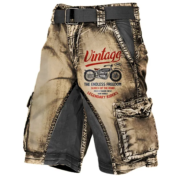 Men's Plus Size Vintage Motorcycle Racing Distressed Wash Print Multi-Pocket Tactical Shorts - Anurvogel.com 