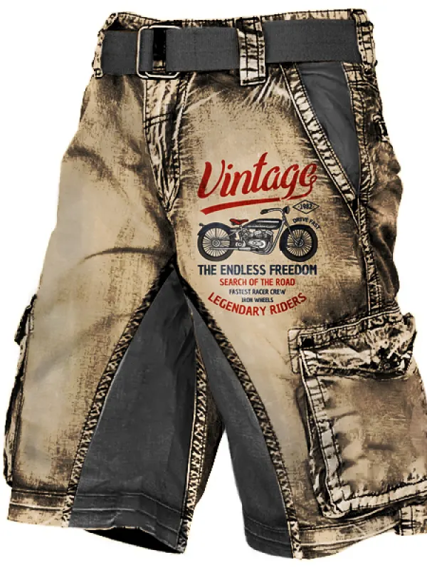 Men's Plus Size Vintage Motorcycle Racing Distressed Wash Print Multi-Pocket Tactical Shorts - Wantbright.com 