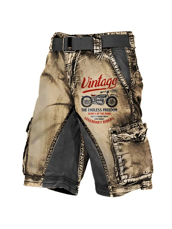 Men's Plus Size Vintage Motorcycle Racing Distressed Wash Print Multi-Pocket Tactical Shorts - Anrider.com 