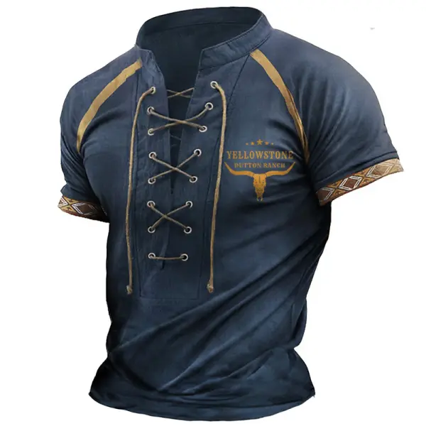 Men's T-Shirt Vintage Western Yellowstone Lace-Up Stand Collar Short Sleeve Color Block Summer Daily Tops Navy Blue - Cotosen.com