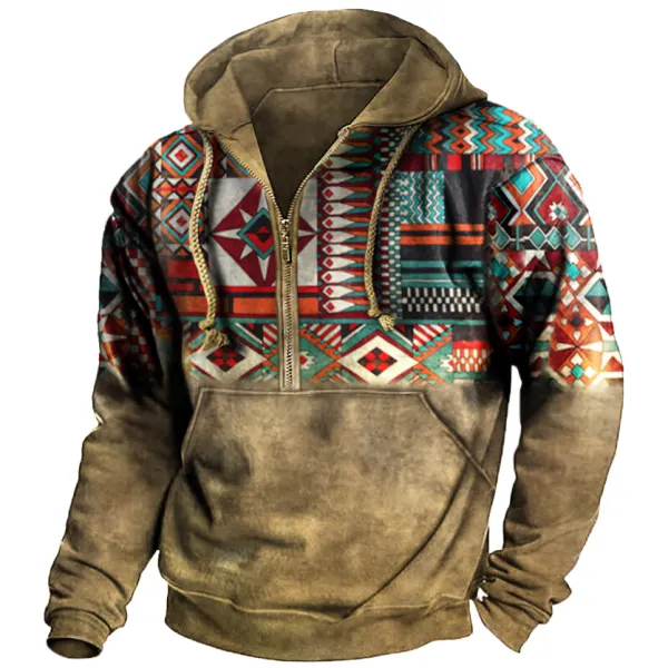 Men's Vintage Ethnic Print Pocket Zip Hoodie - Sunhopebloom.com 