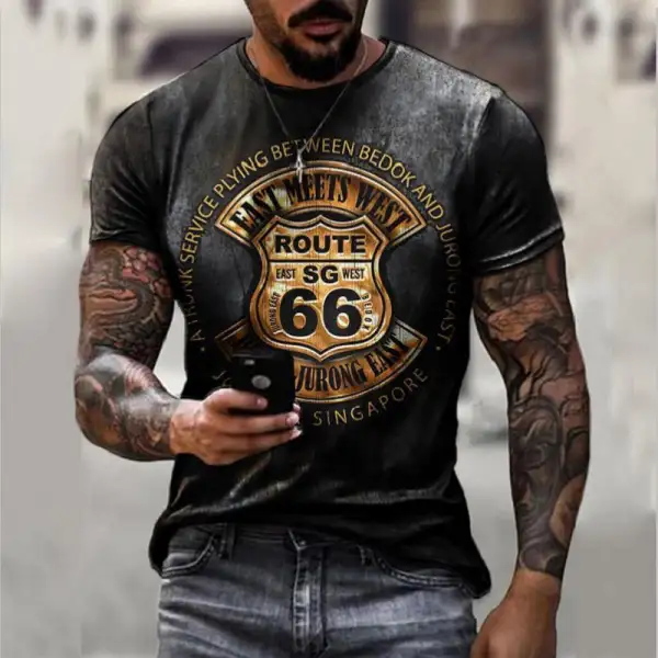 Men's Vintage Loose Route 66 Letter Print Short Sleeve T-Shirt - Manlyhost.com 