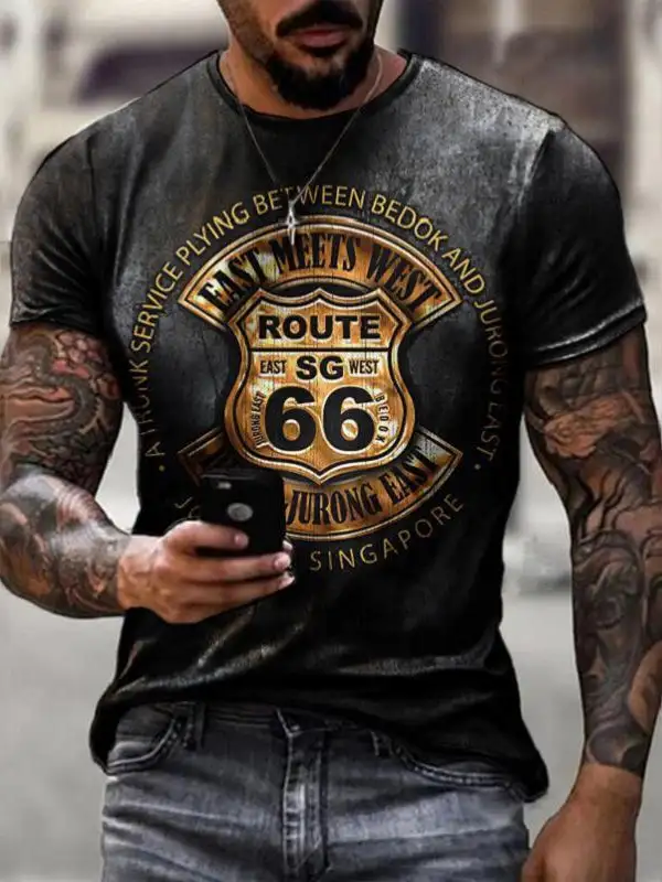 Men's Vintage Route 66 Letter Print Short Sleeve T-Shirt 