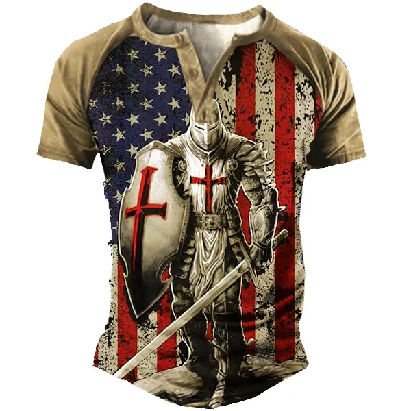 American Flag Templar Jesus Cross Vintage Print Henley T-Shirt 