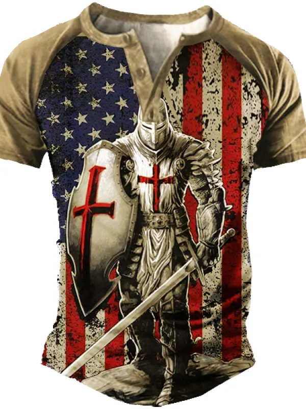 American Flag Templar Jesus Cross Vintage Print Henley T-Shirt 