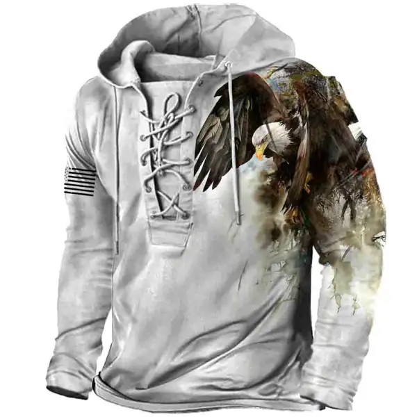 Men's Outdoor American Flag Eagle Lace-Up Hooded T-Shirt - Honeylop.chimpone.com 