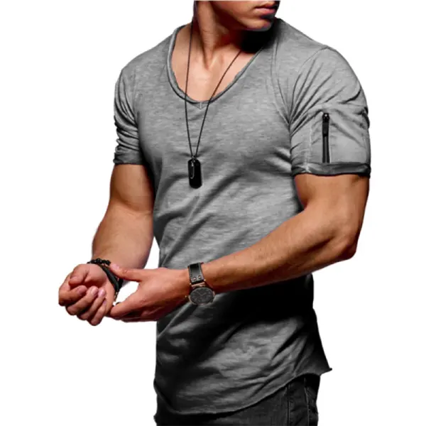 Men's Cuff Zipper Pocket Color Cotton Breathable T-Shirt - Elementnice.com 