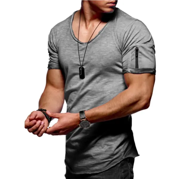 Men's Cuff Zipper Pocket Color Cotton Breathable T-Shirt - Rabclub.com 