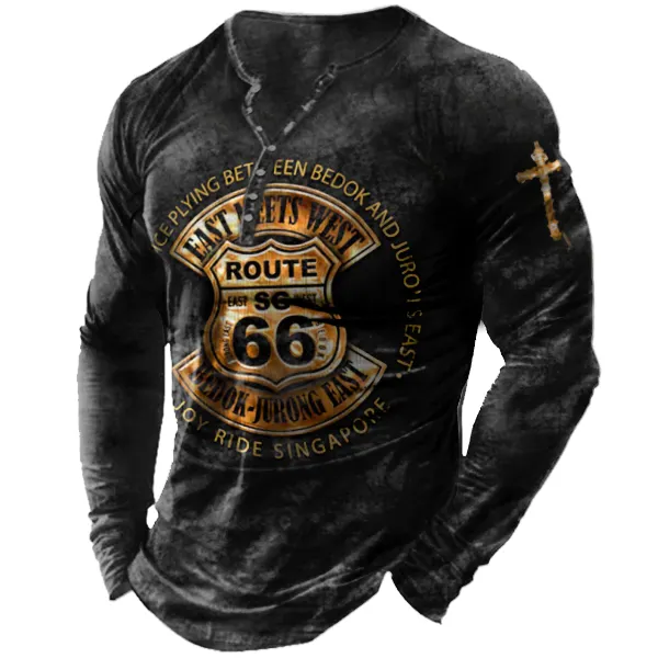 Men's Route 66 Print Vintage Henley Collar Top Long Sleeve T-shirts