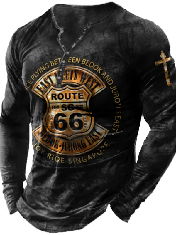 Men's Route 66 Print Vintage Henley Collar Top Long Sleeve T-shirts 