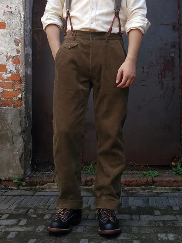 1920s 12oz Corduroy Farmer Work Trousers Mens Suspender Pants Vintage Overalls 20er - Menwyx.com 