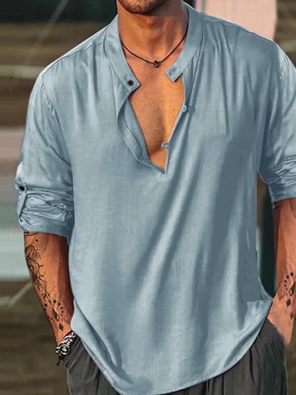 Men's Linen Shirt Henley Henry Stand Collar Casual Outdoor Shirt Long Sleeve Plain Collar Casual Hawaiian Clothing - Wantbright.com 