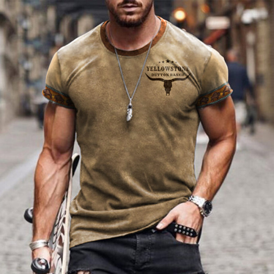 

Men's T-shirt Retro Western National Style Yellowstone Print Pattern Summer Short-sleeved Color Matching Round Neck Tee