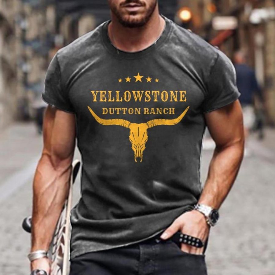 

Men's T-Shirt Vintage Western Yellowstone Plus Size Short Sleeve Summer Daily Tops Black Gray White Burgundy Navy Blue