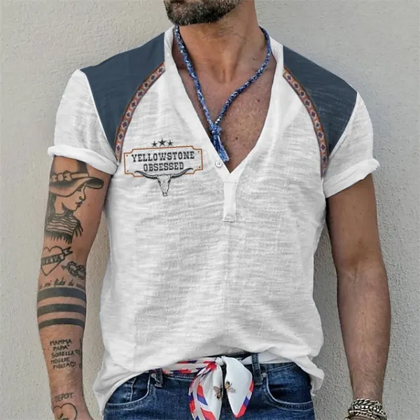 Men's Henley T-Shirt Yellowstone Ethnic Color Block Short Sleeve Summer Top - Keymimi.com 