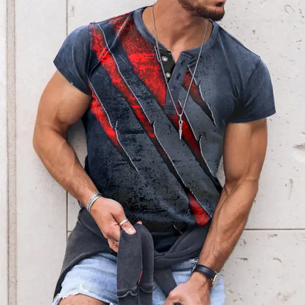 Men's Henley T-Shirt Scratched Claw Print Pattern Retro Short Sleeve Summer Henley Shirt - Kalesafe.com 