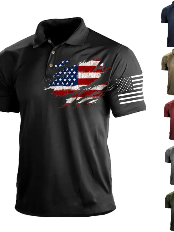 Men's T-Shirt Polo Vintage American Flag Independence Day Short Sleeve Outdoor Summer Daily Top Navy Blue Black Khaki - Menwyx.com 