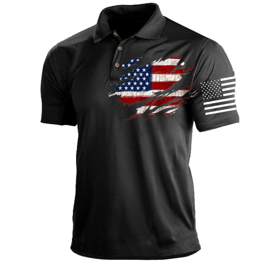 

Men's T-Shirt Polo Vintage American Flag Independence Day Short Sleeve Outdoor Summer Daily Top Navy Blue Black Khaki